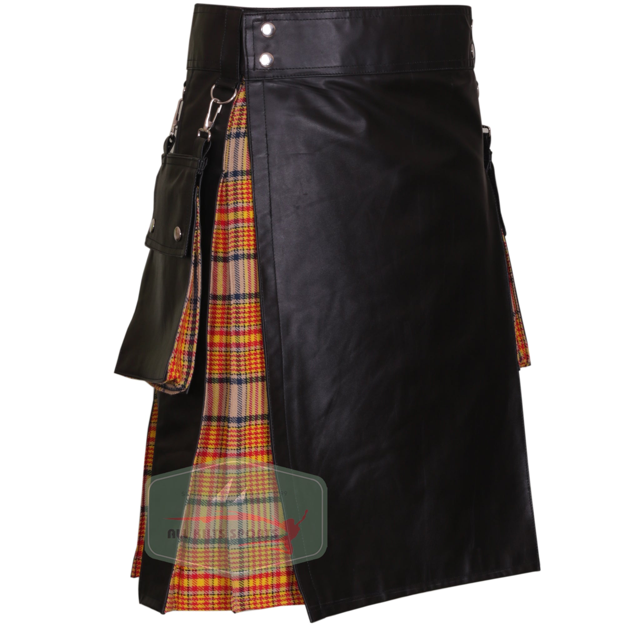 Stylish Black Cowhide Leather Kilt with Tartan Pleats