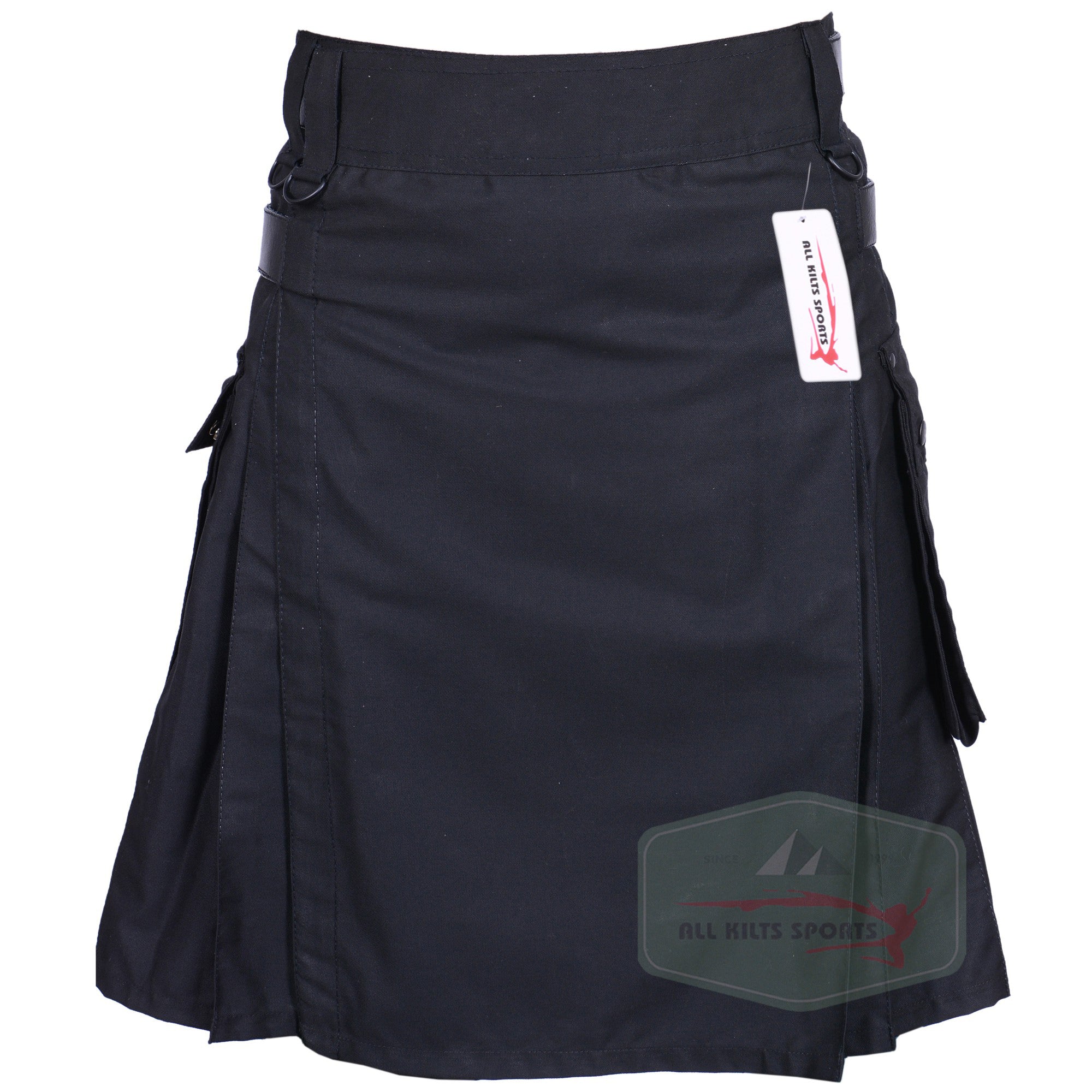 Stylish Black Utility Kilt with Leather Strap – Perfect for Any Event