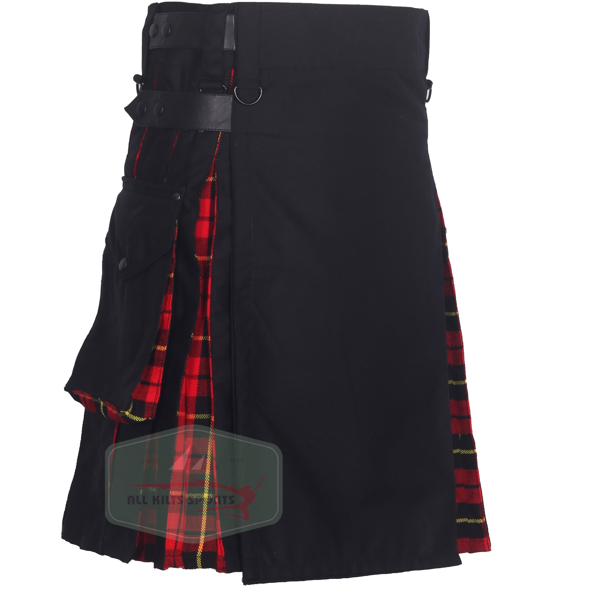 Black Cotton and Wallace Tartan Hybrid Utility Kilt with Leather Strap by All Kilts Sports