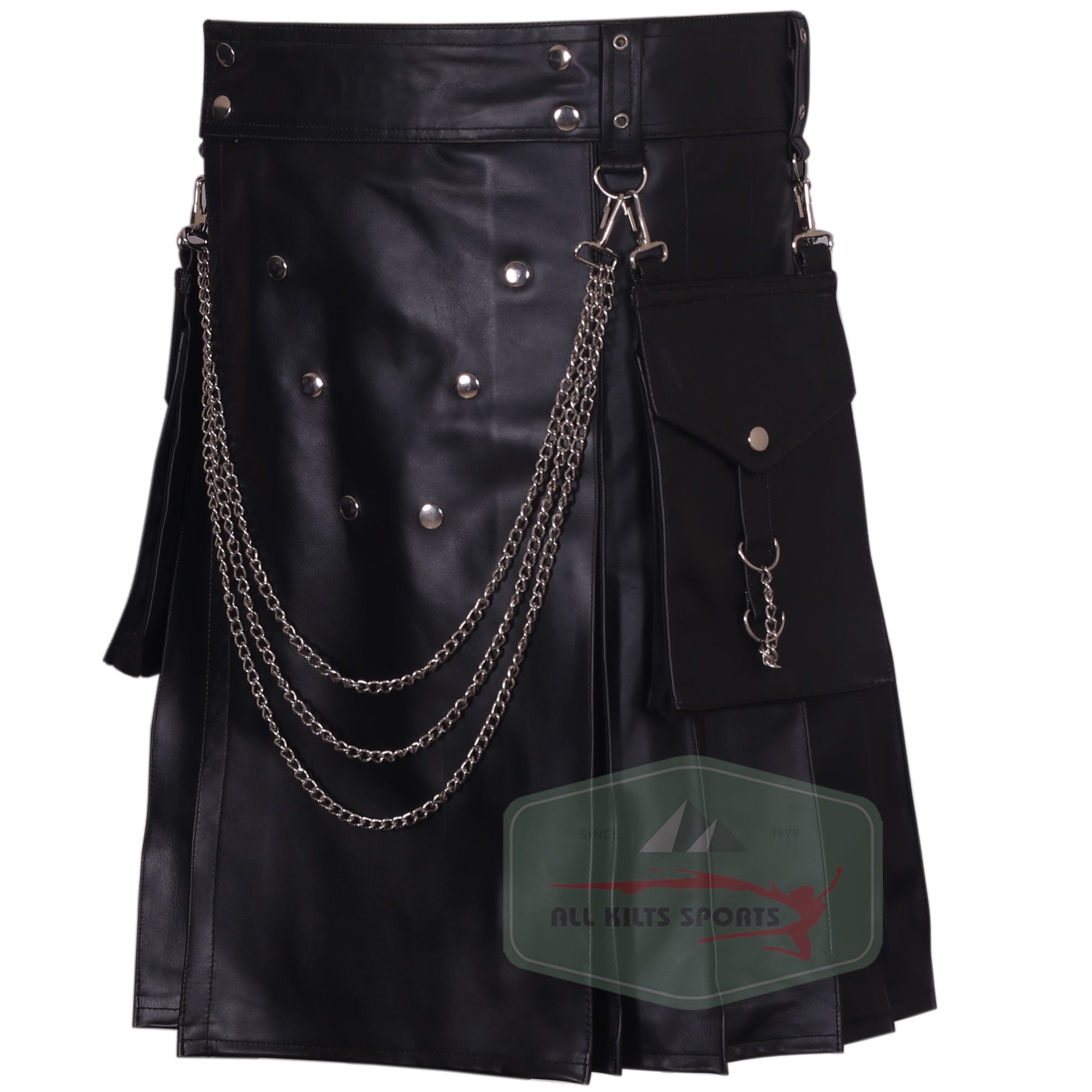 Stylish Black Leather Utility Kilt with Detachable Pockets