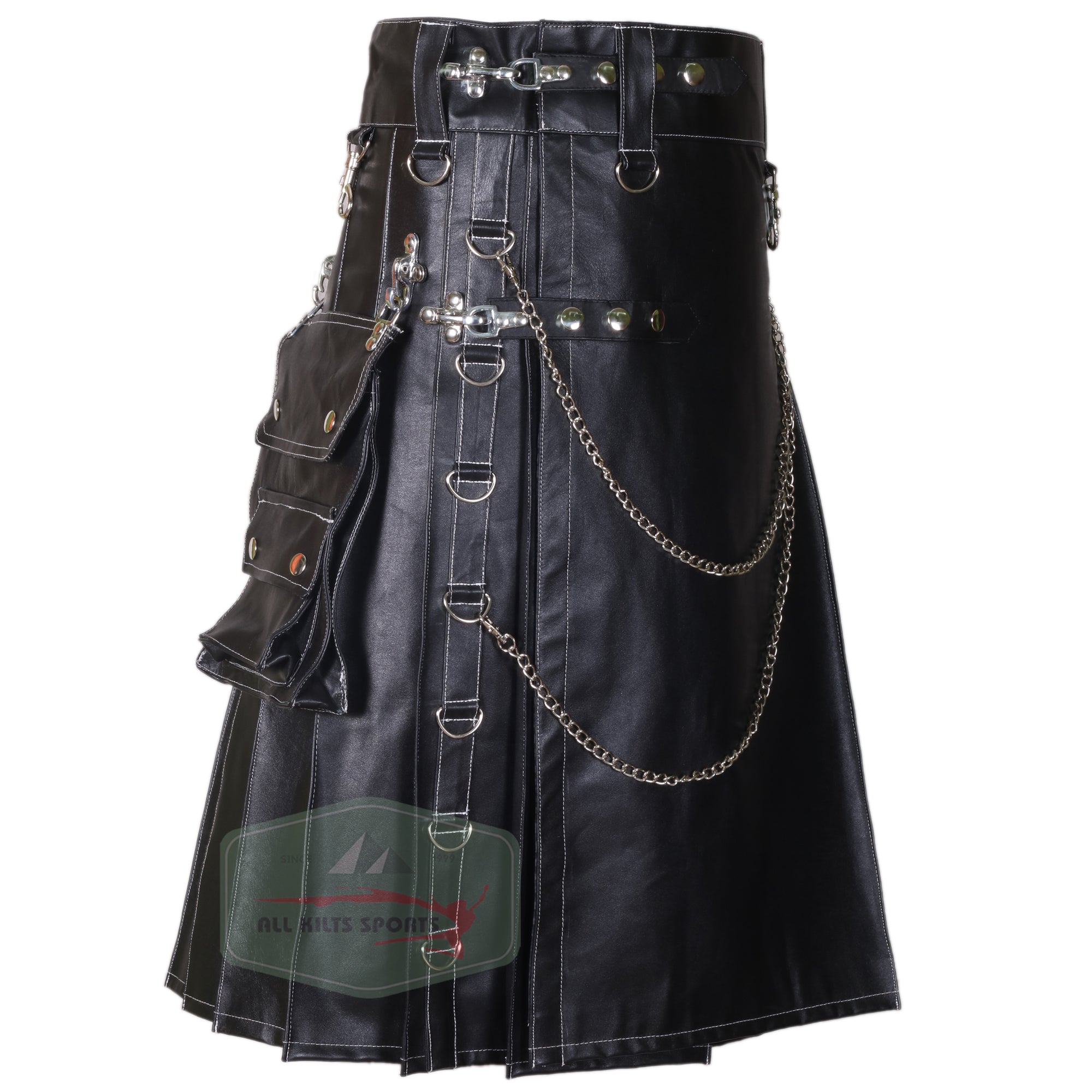 Stylish Black Genuine Cowhide Soft Leather Stud Kilt