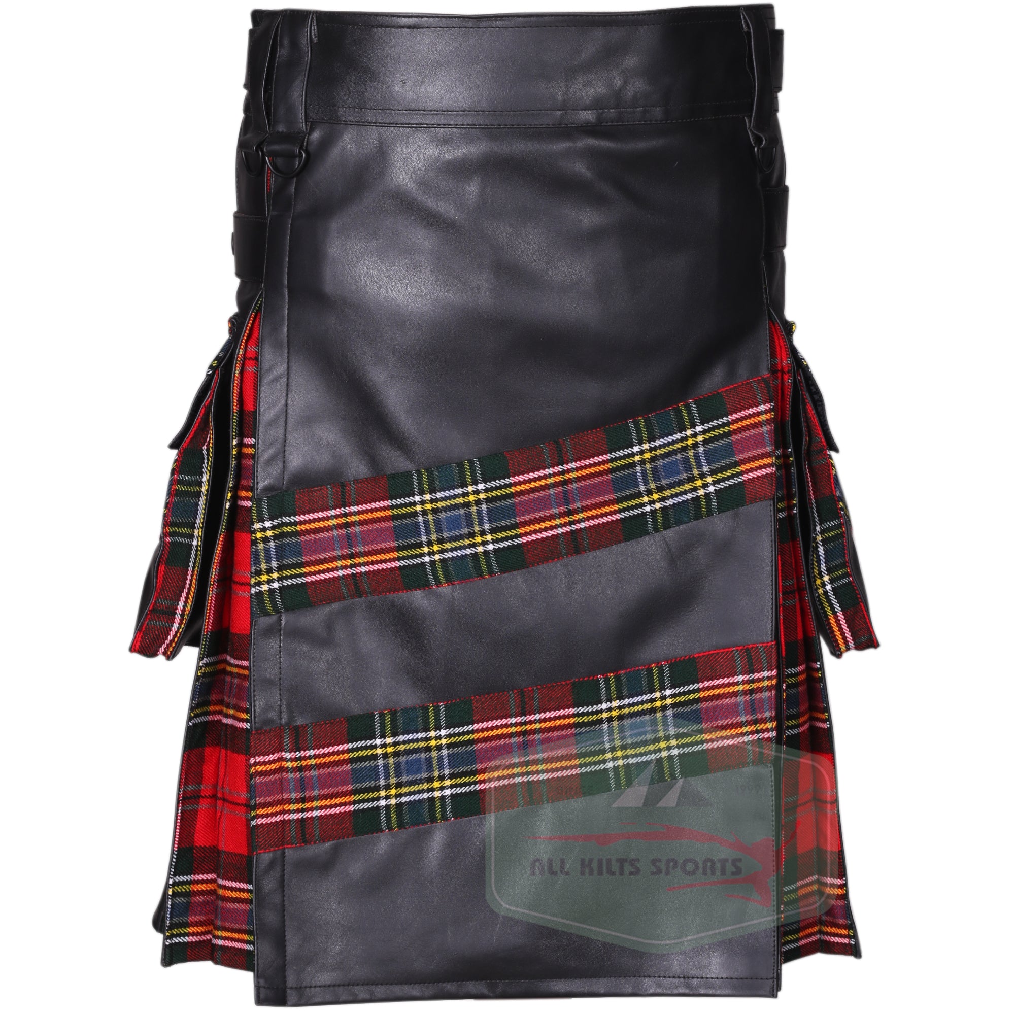 Men's Genuine Cowhide Leather Hybrid Kilt with Cargo Pockets & Tartan Accents