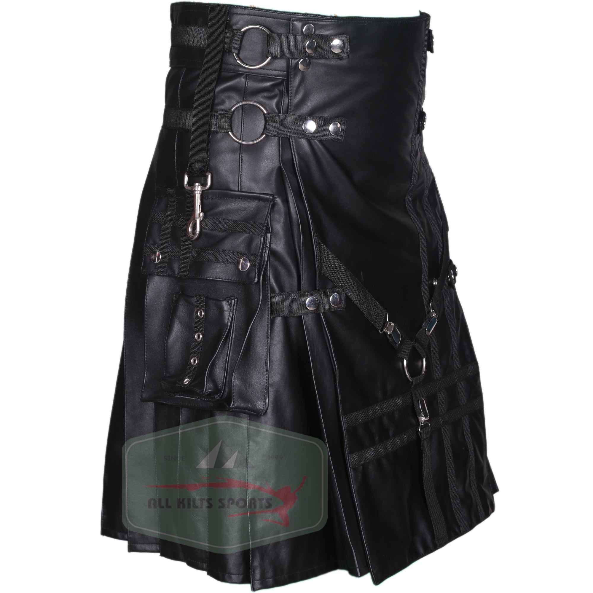 Premium Black Cowhide Leather Kilt with Dual Cargo Pockets