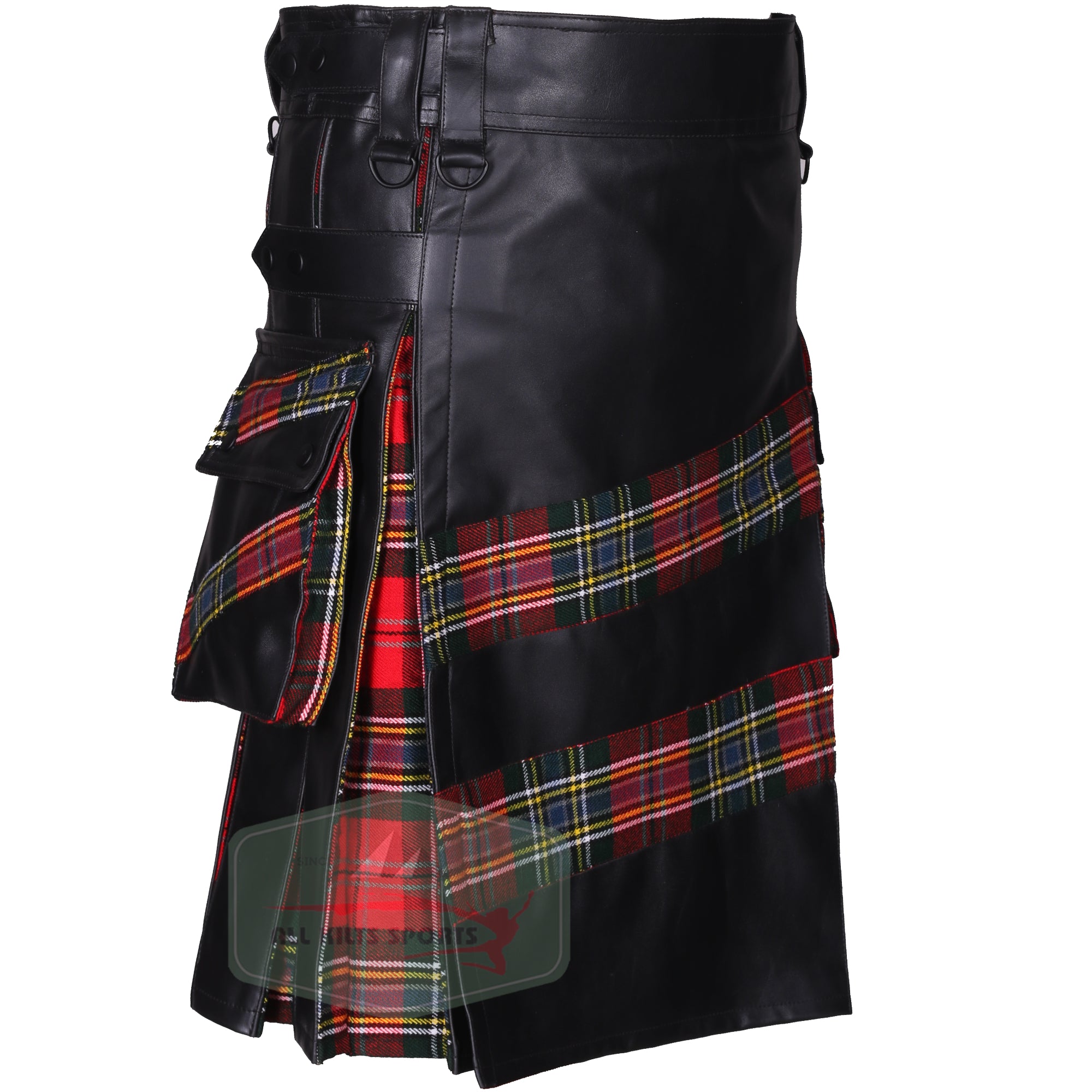 Men's Genuine Cowhide Leather Hybrid Kilt with Cargo Pockets & Tartan Accents