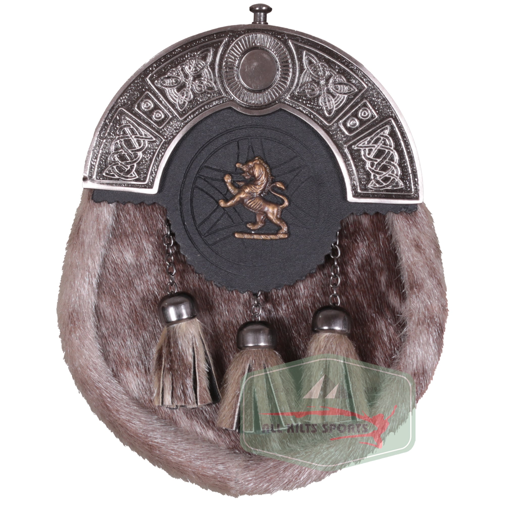 Traditional Fur Sporran with Lion Emblem and Celtic Embossed Cantle