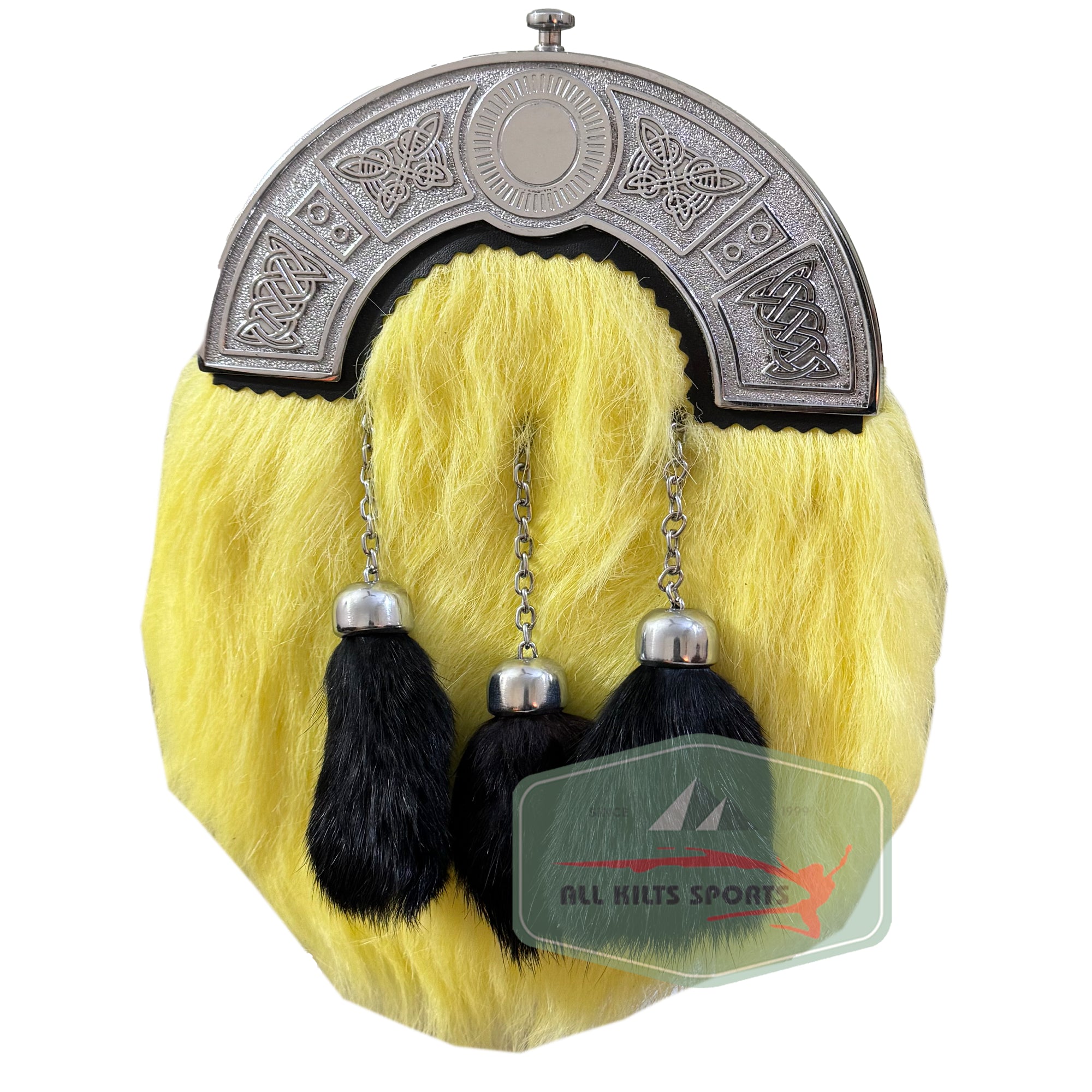 Yellow Fur Scottish Sporran with Black Tassels & Silver Celtic Cantle | Leather Strap & Chain Included