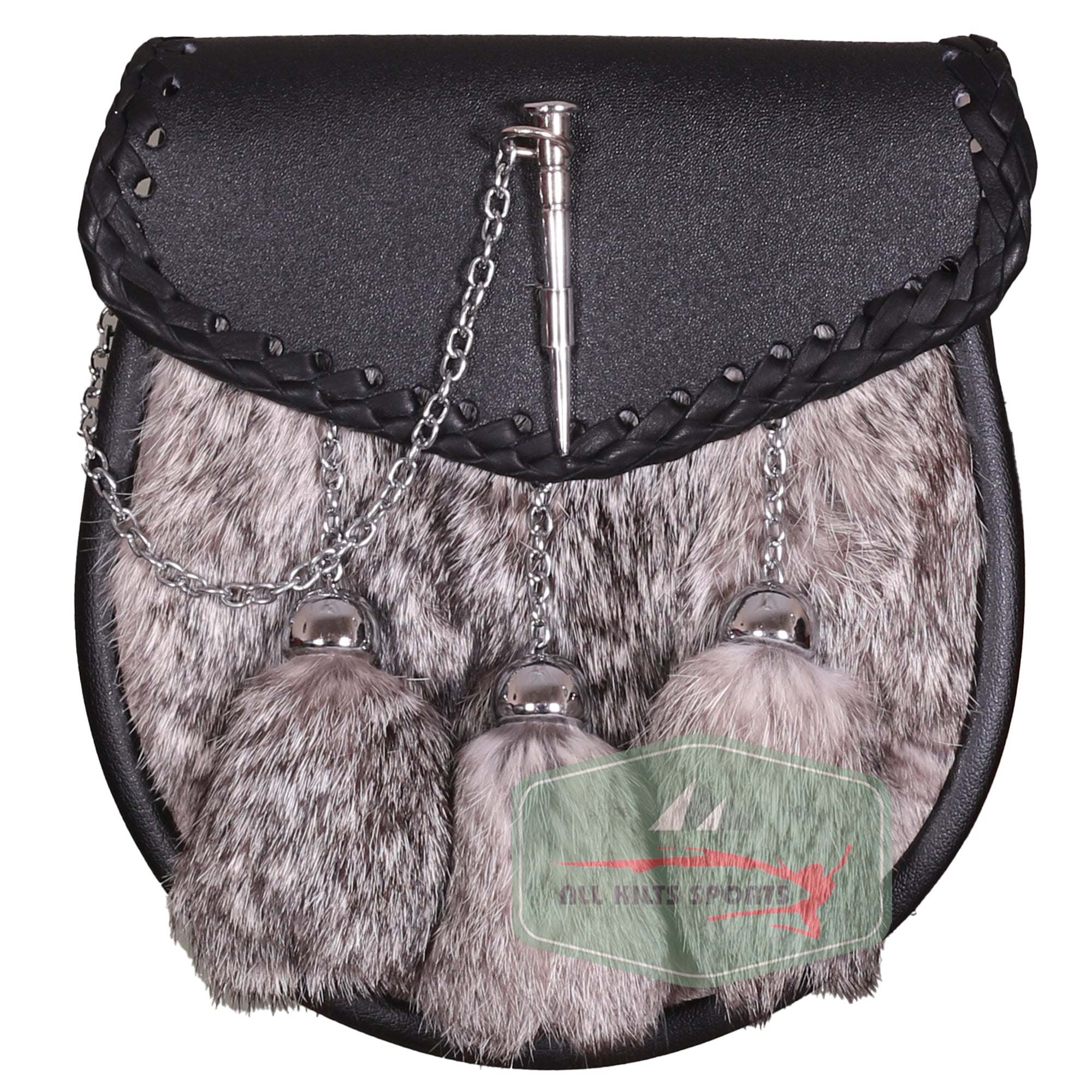 Scottish Grey Fur Sporran with Pin Tassels and Black Leather Flap | Includes Chain and Leather Strap