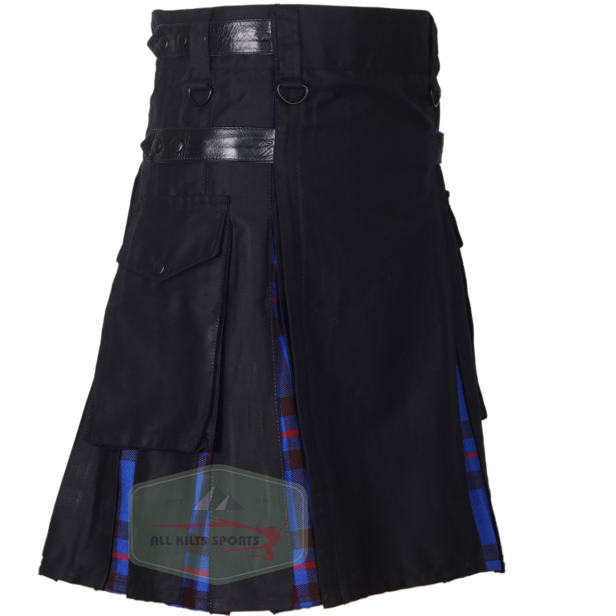 Men’s Black And In Pleats Elliot Modern Utility Kilt with Leather Straps and Cargo Pockets