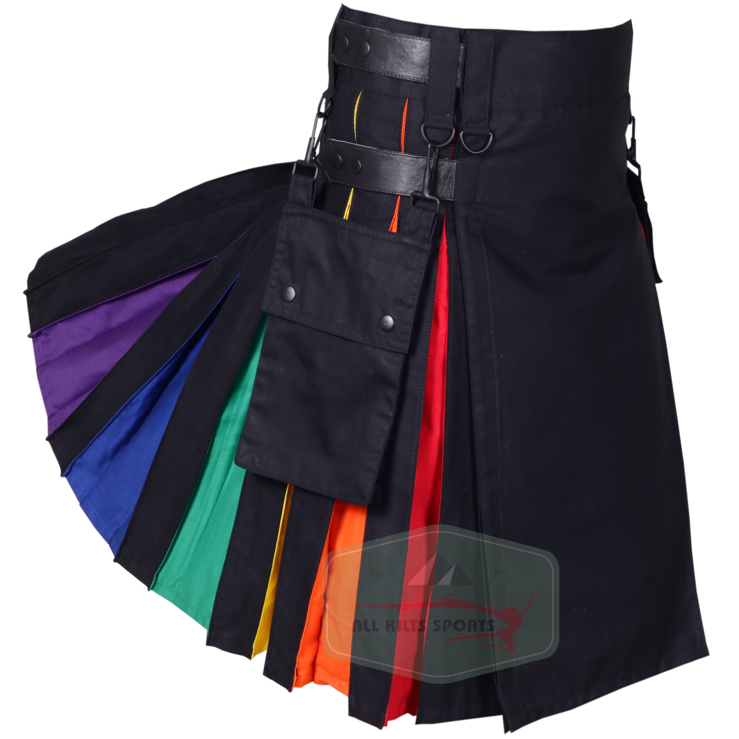 Stylish Rainbow Utility Kilt with Black Leather Straps