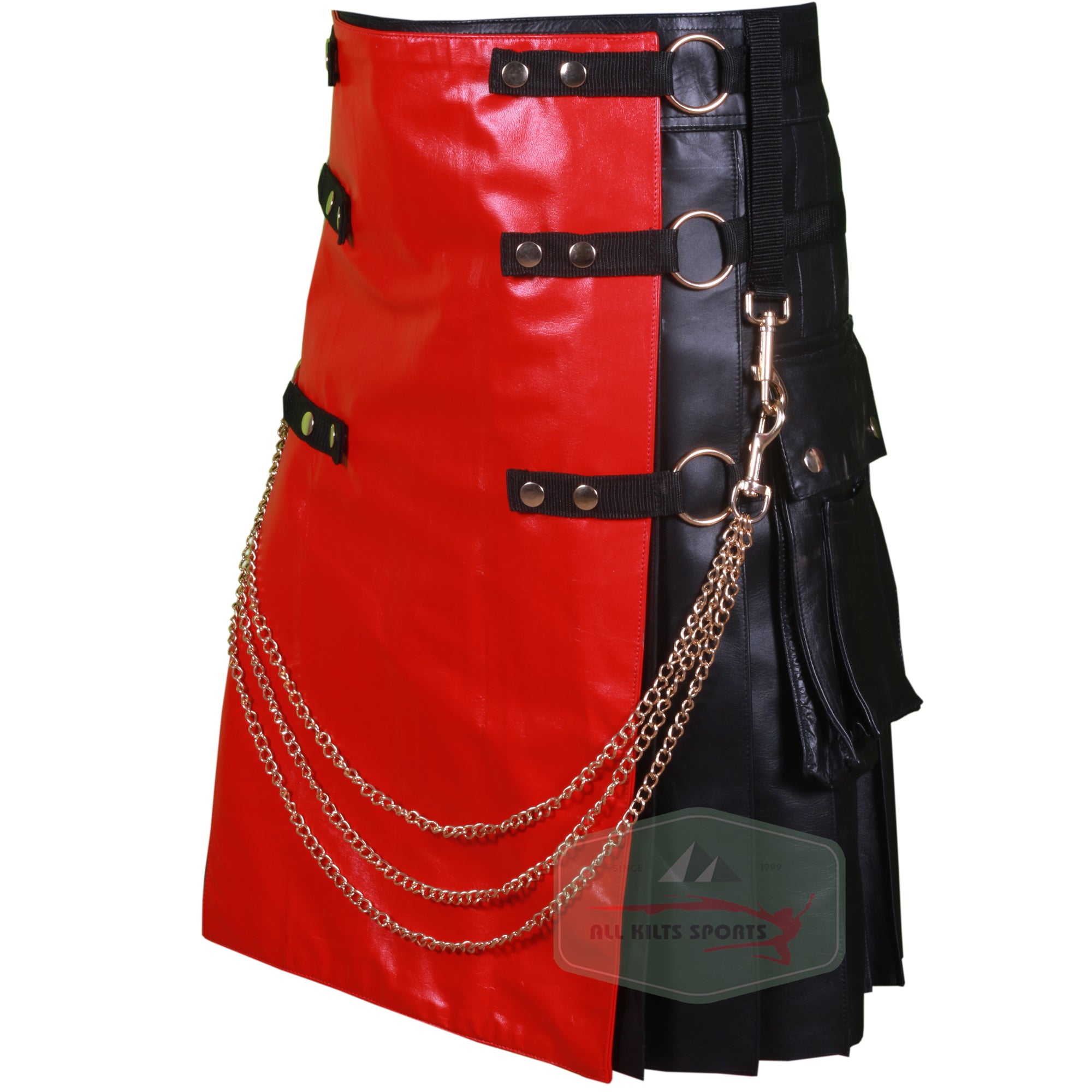 Edgy Black Leather Kilt with Bold Red Apron and Gold Chain Accents