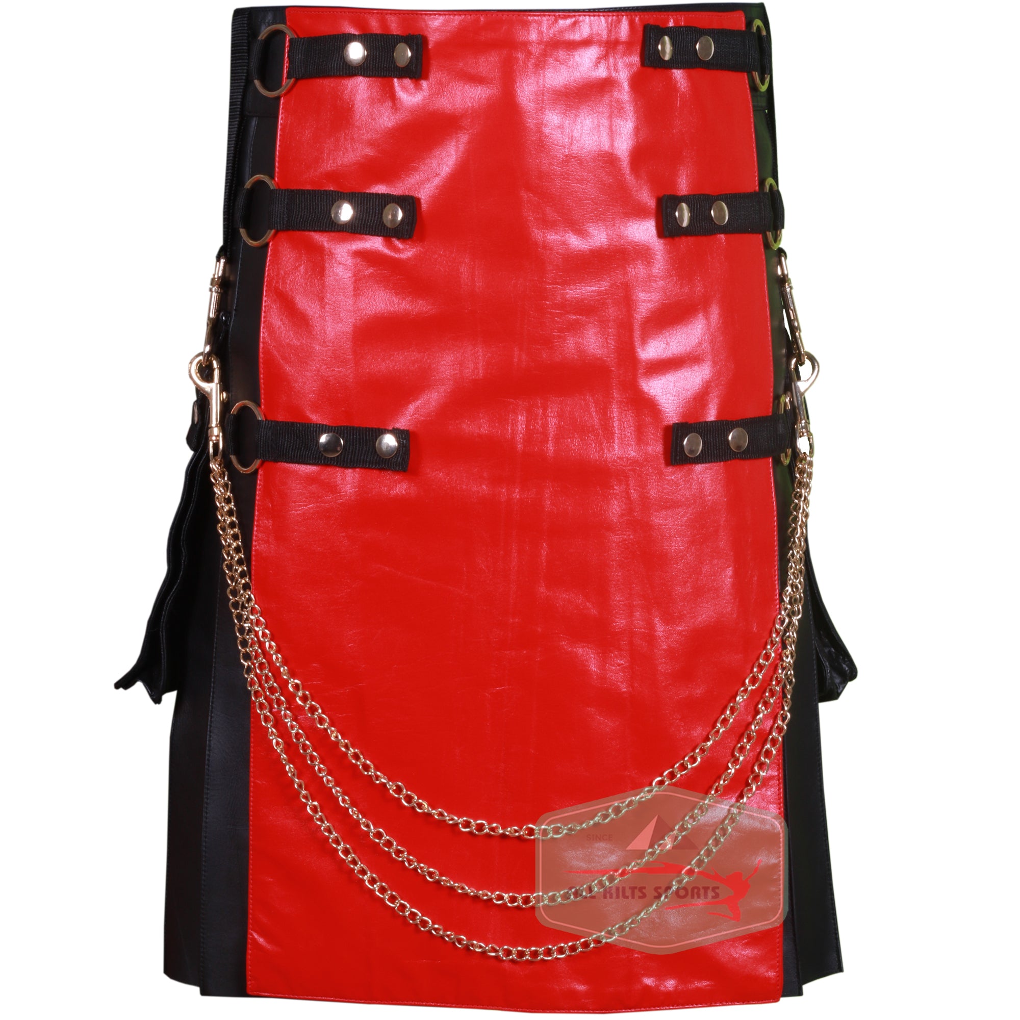 Edgy Black Leather Kilt with Bold Red Apron and Gold Chain Accents