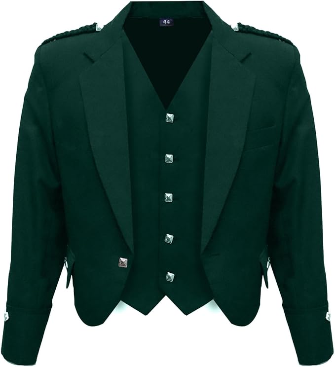 Scottish Dark Green Argyll Kilt Jacket and Vest made from 15oz Barathea wool with gauntlet cuffs| Kilt Experts