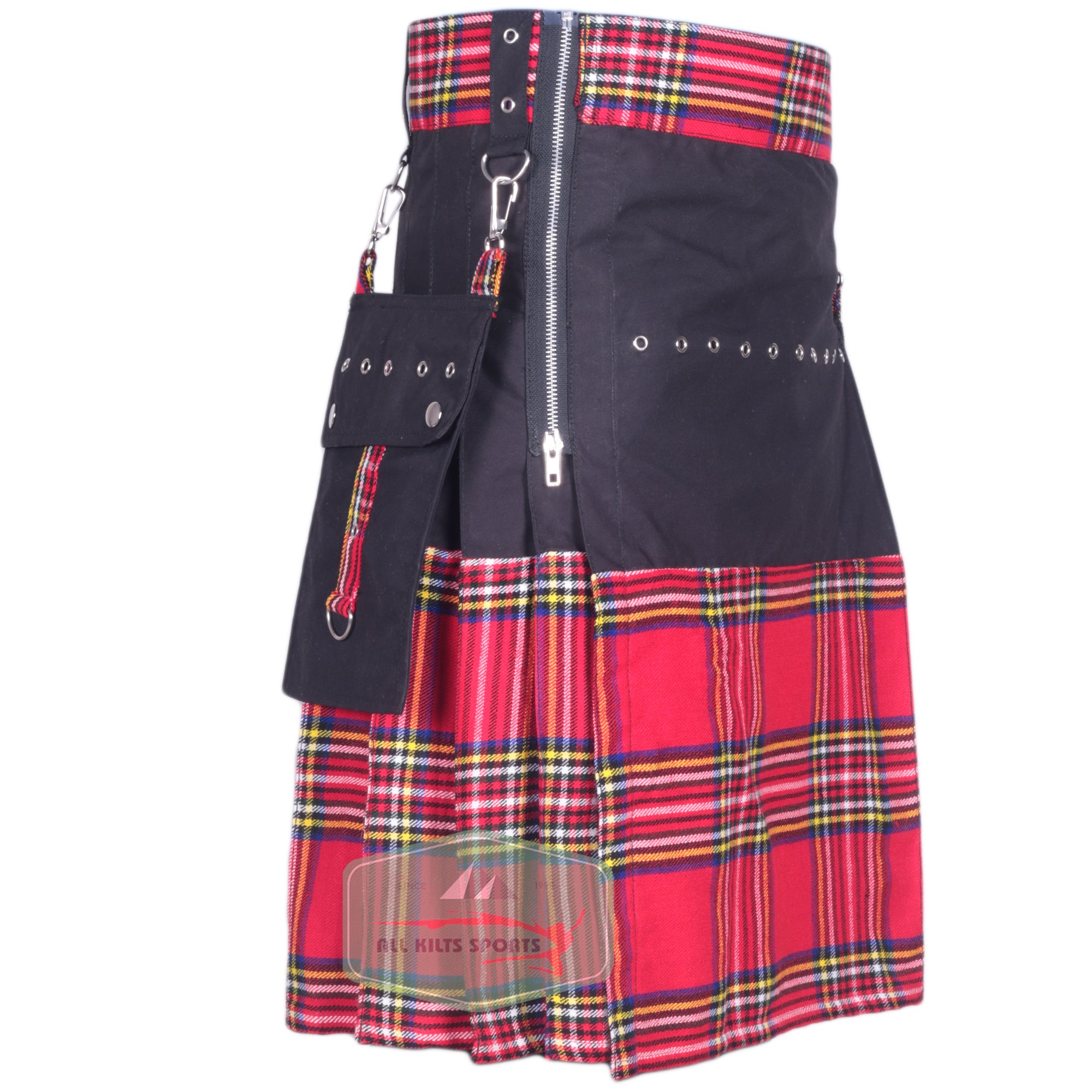 Black & Royal Stewart Utility Kilt with Detachable Pockets for Burning Man