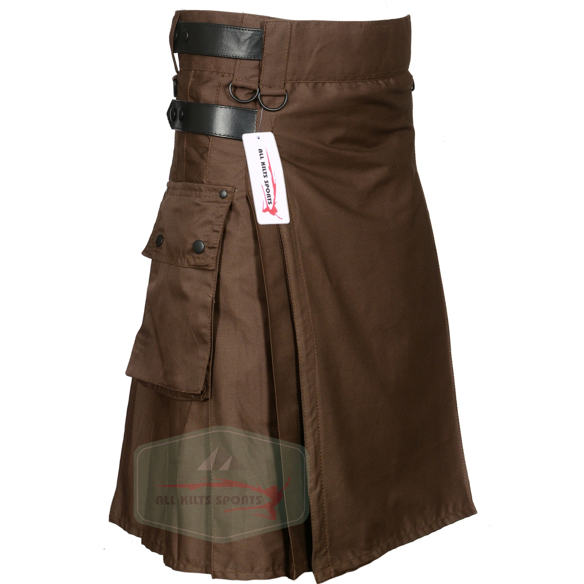 Chocolate Brown Utility Kilt with Genuine Leather Straps and Pockets