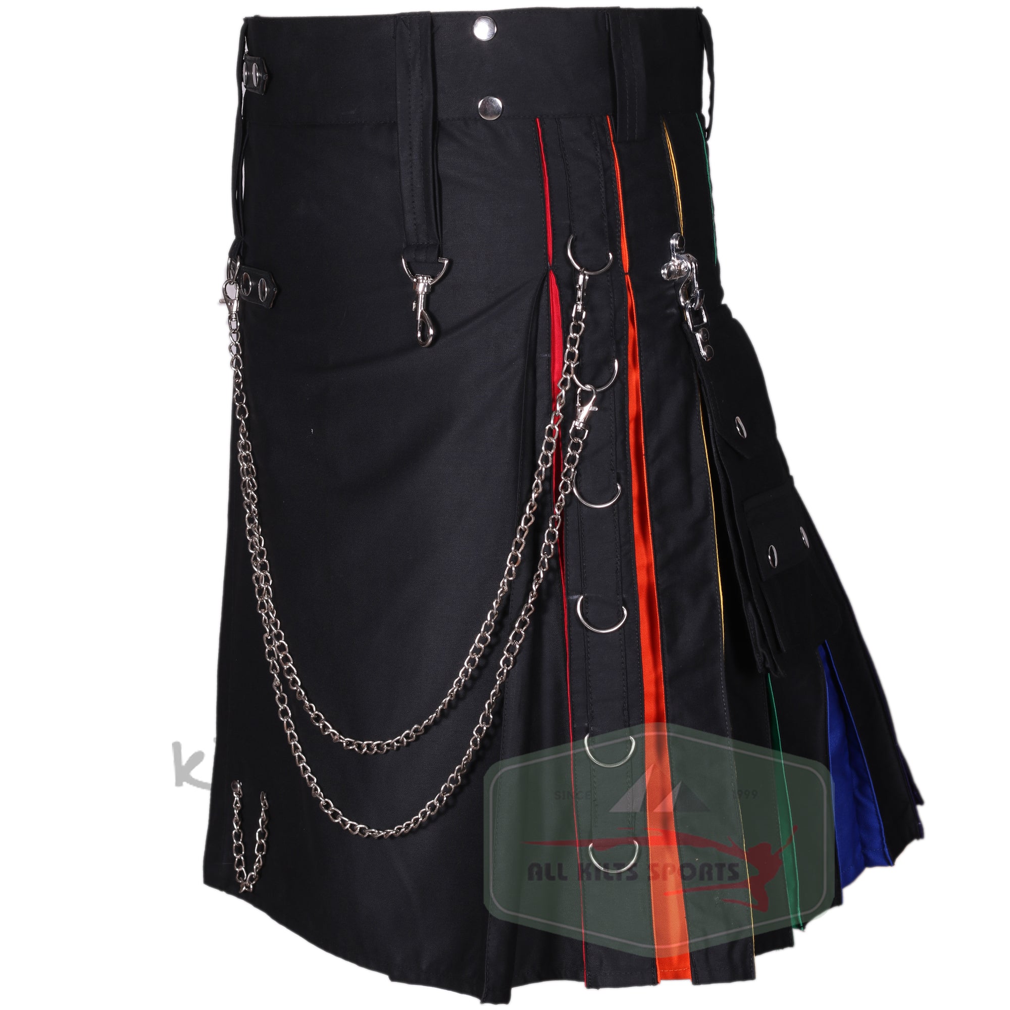 Hybrid Studded Utility Kilt with Rainbow Pleats and Detachable Chains – Versatile 100% Cotton Design