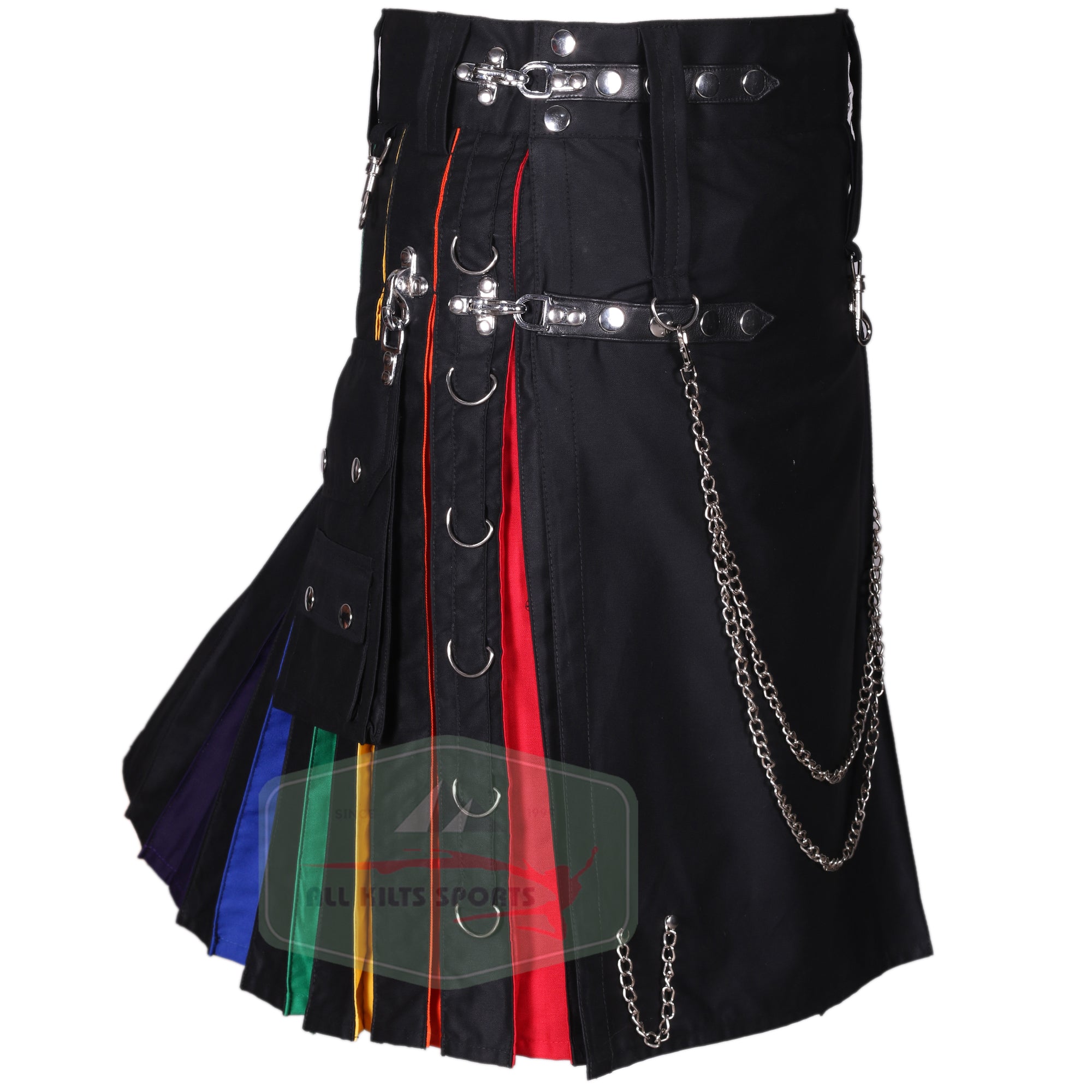 Hybrid Studded Utility Kilt with Rainbow Pleats and Detachable Chains – Versatile 100% Cotton Design