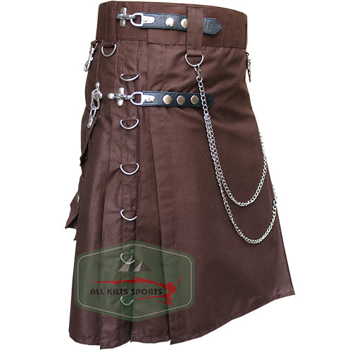 Stylish Chocolate Brown Utility Kilt with Two Pockets and Removable Chain