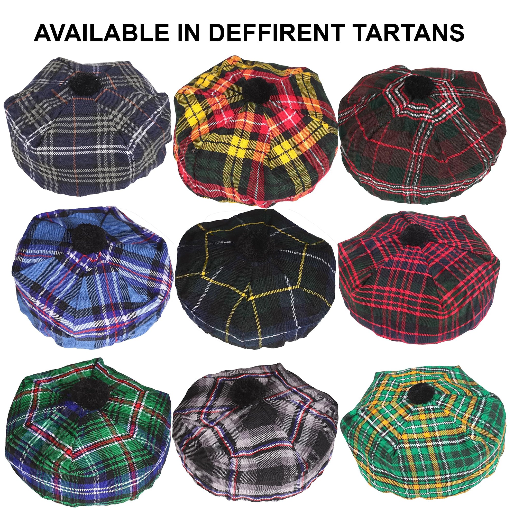 USA Buyers Only - Traditional Scottish Tam o' Shanter Hats for Adults – Variety of Tartans, Adjustable Size