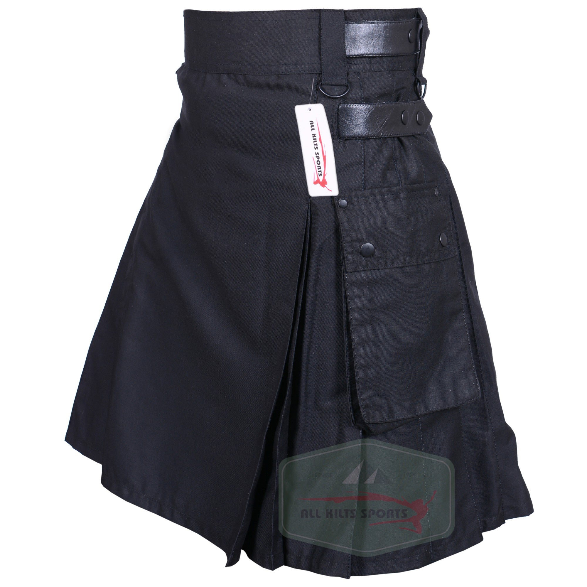 Stylish Black Utility Kilt with Leather Strap – Perfect for Any Event