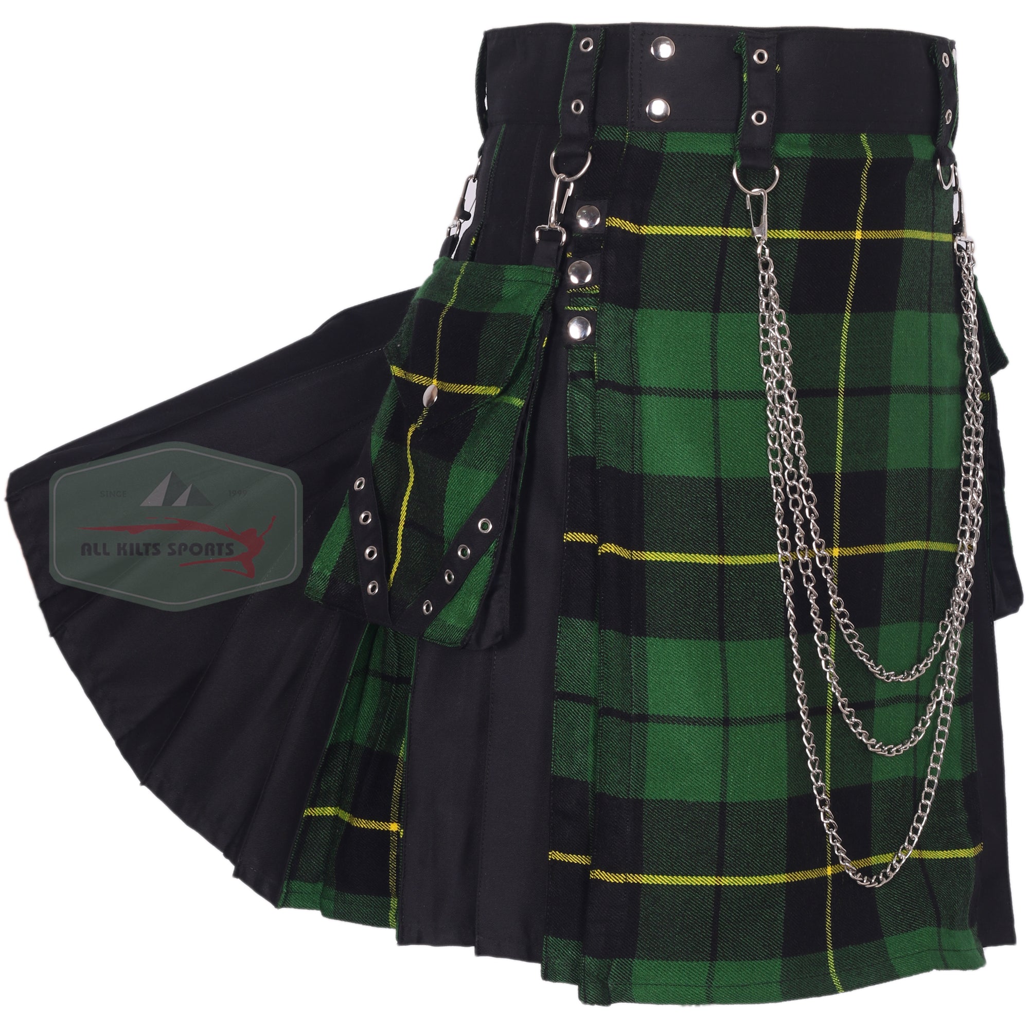 Stylish Black & Wallace Hunting Utility Kilt with Removable Chain and Pockets