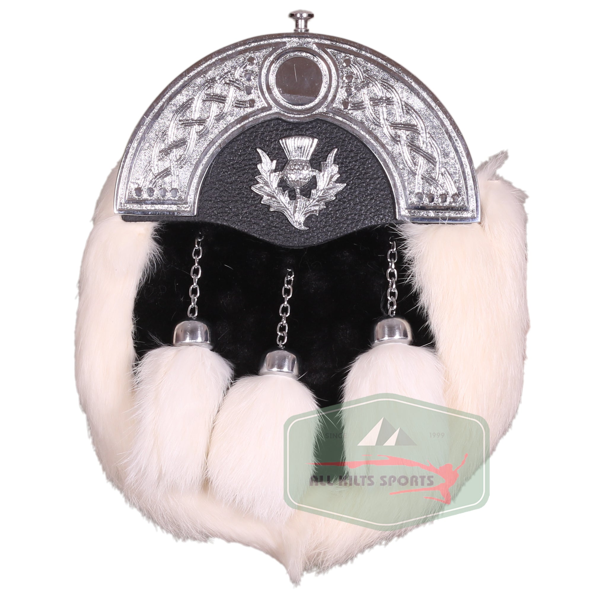 White and Black Fur Sporran with Thistle Emblem and Celtic Cantle