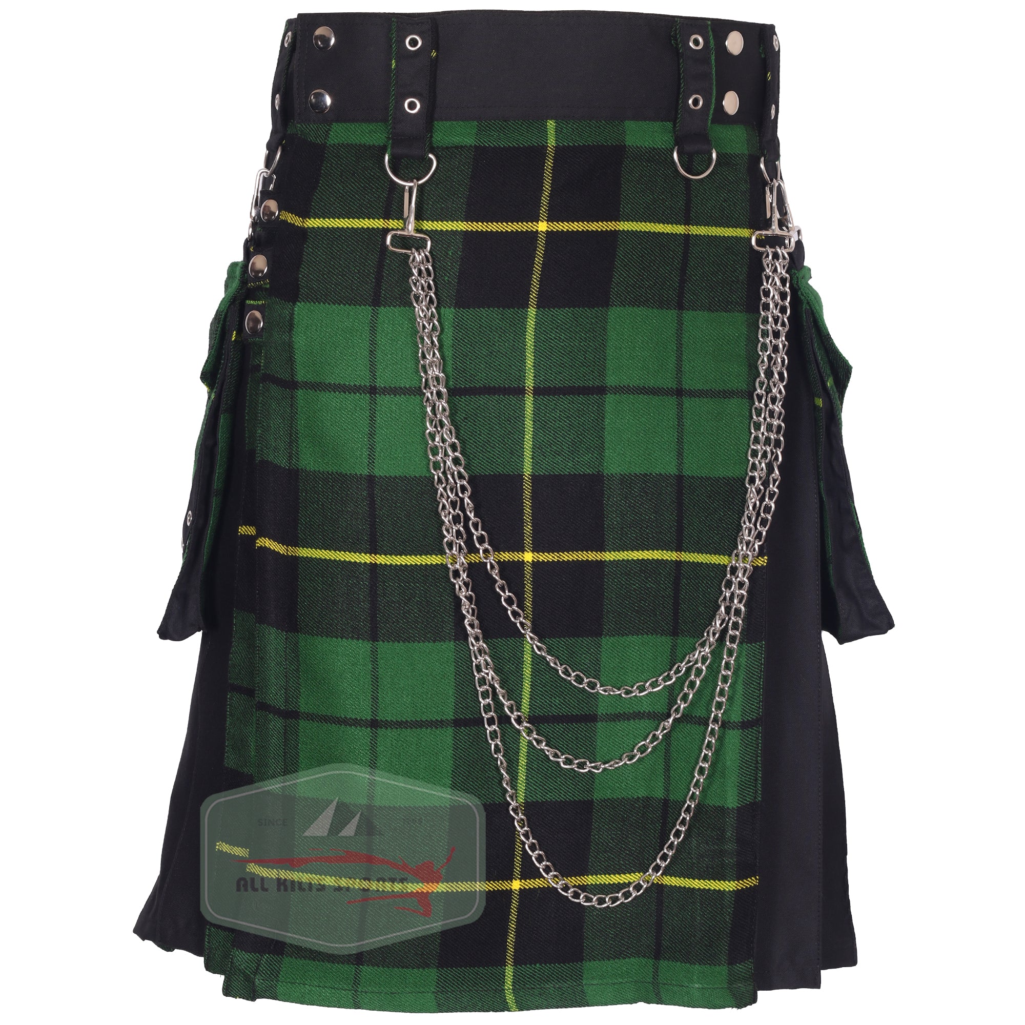 Stylish Black & Wallace Hunting Utility Kilt with Removable Chain and Pockets