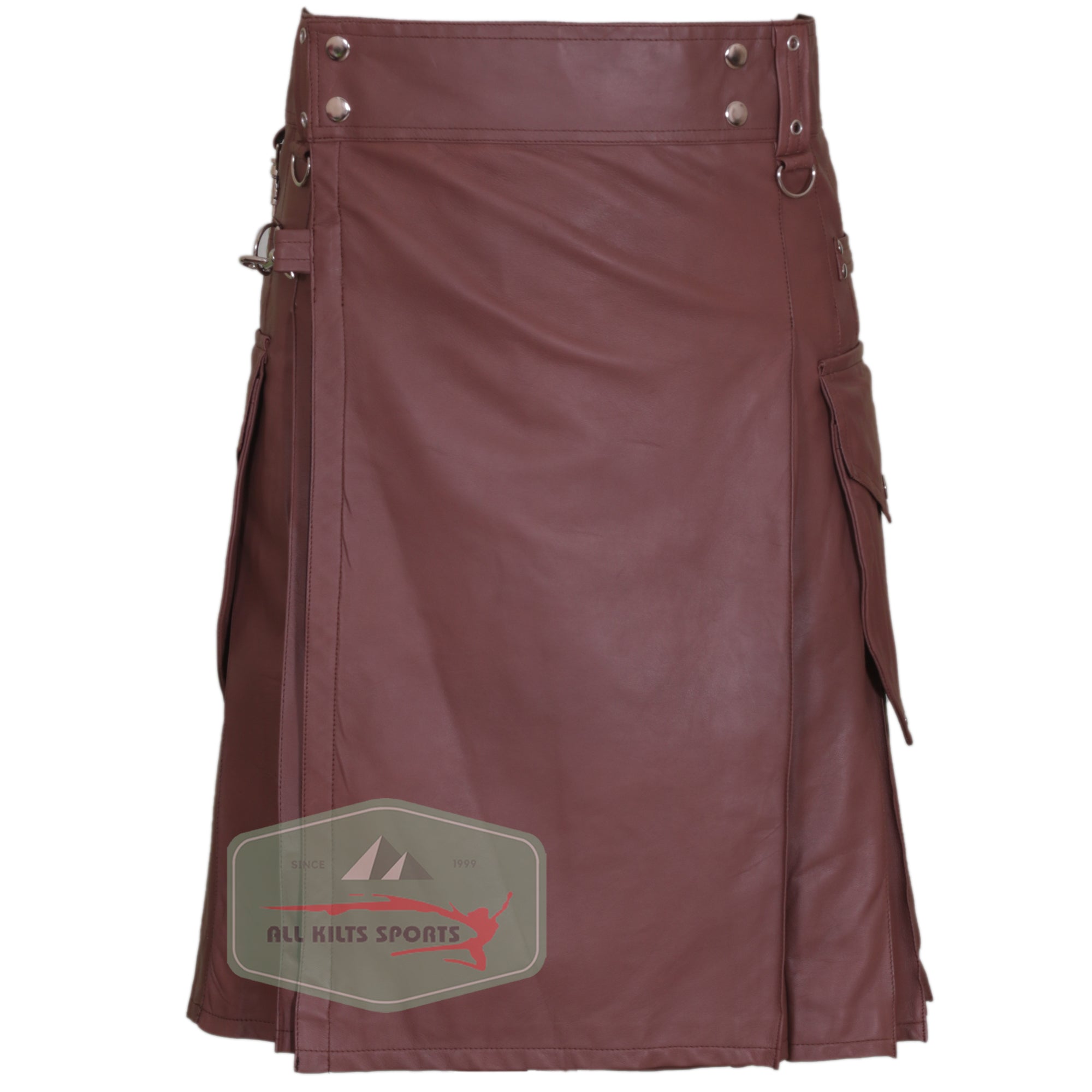 Men's Genuine Cowhide Light Brown Leather Kilt with Cargo Pockets